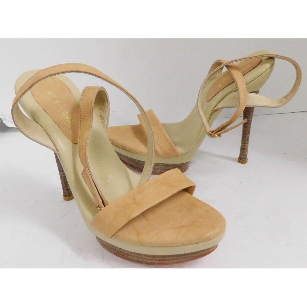 XTC Melrose Beige Leather Platform Strappy Ankle Strap Heels sz 8